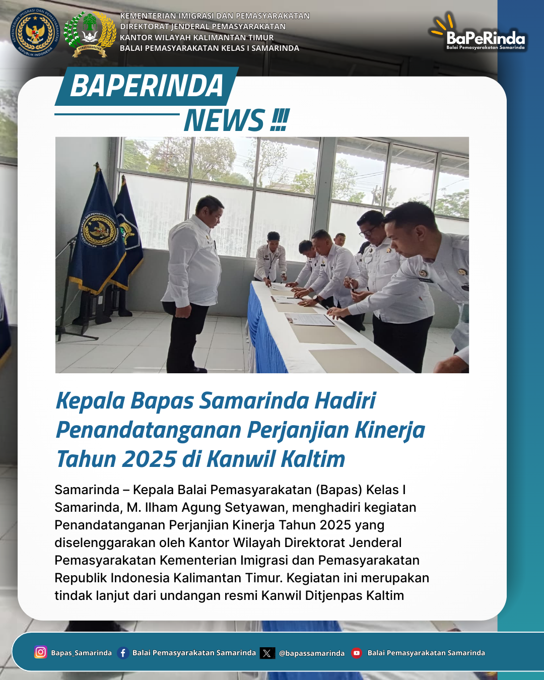 Kepala Bapas Samarinda Hadiri Penandatanganan Perjanjian Kinerja Tahun 2025 di Kanwil Kaltim