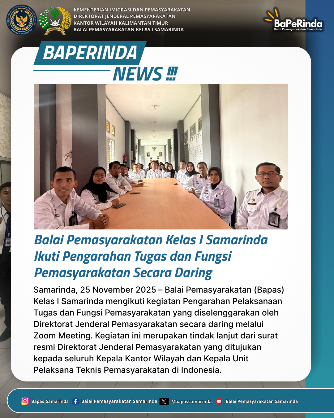 Balai Pemasyarakatan Kelas I Samarinda Ikuti Pengarahan Tugas dan Fungsi Pemasyarakatan Secara Daring