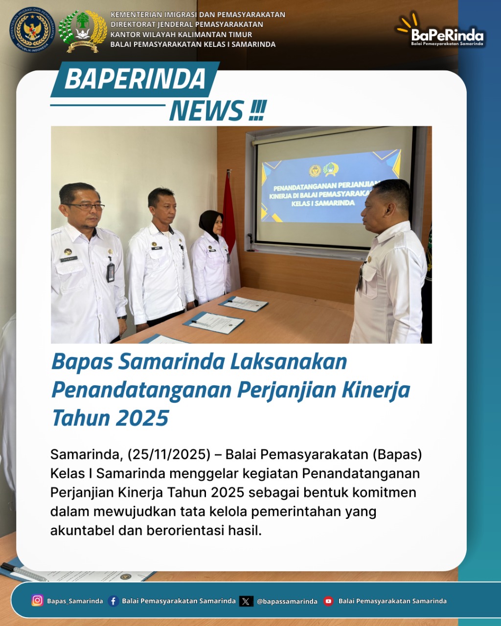 Bapas Samarinda Laksanakan Penandatanganan Perjanjian Kinerja Tahun 2025