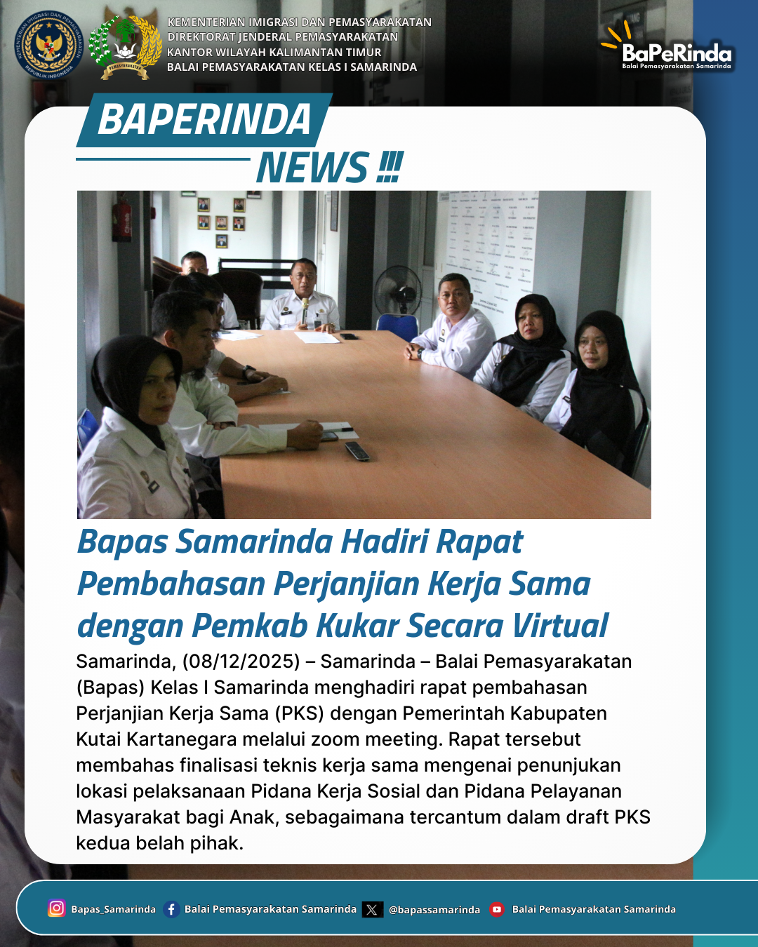 Bapas Samarinda Hadiri Rapat Pembahasan Perjanjian Kerja Sama dengan Pemkab Kukar Secara Virtual