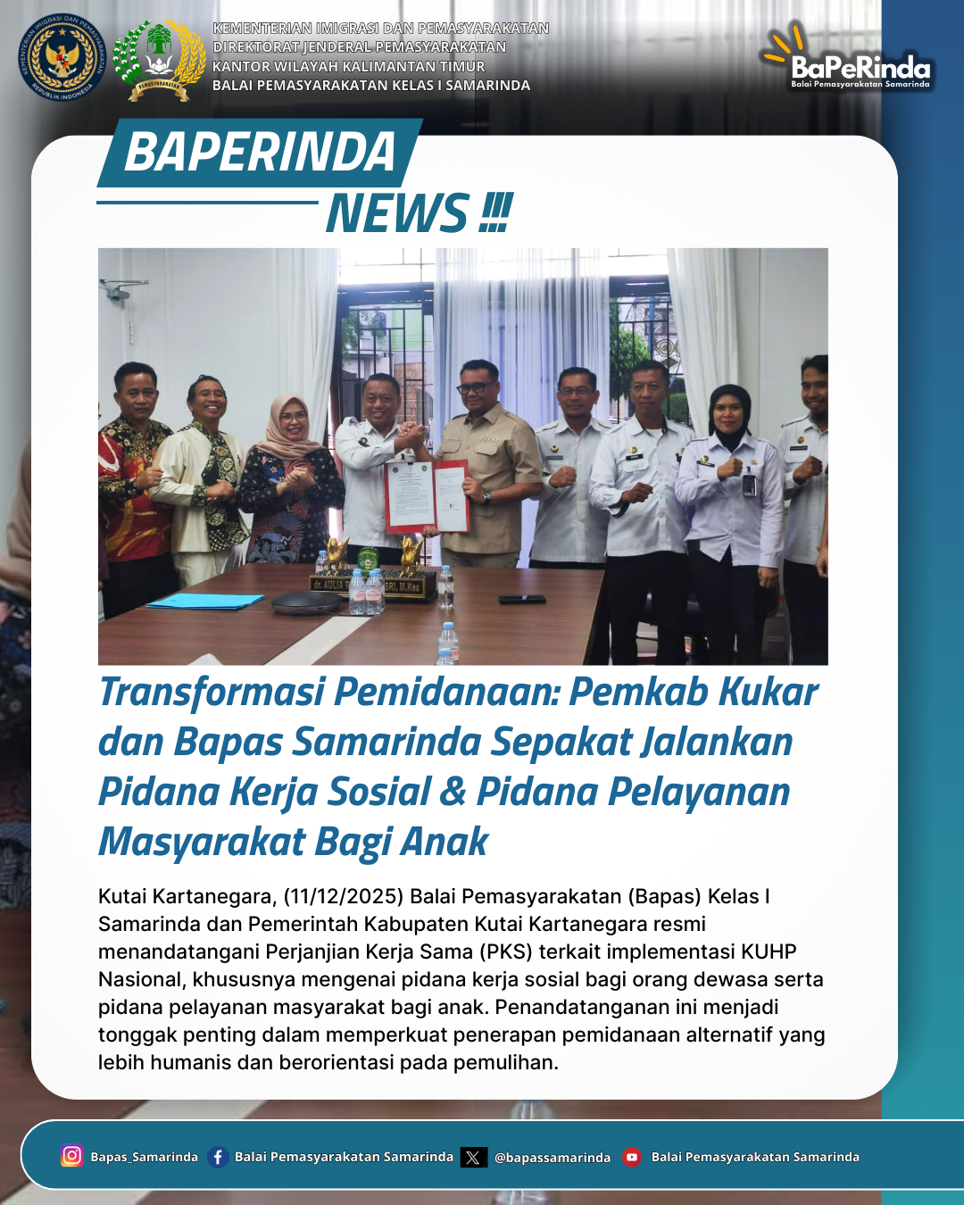 Transformasi Pemidanaan: Pemkab Kukar dan Bapas Samarinda Sepakat Jalankan Pidana Kerja Sosial & Pidana Pelayanan Masyarakat Bagi Anak