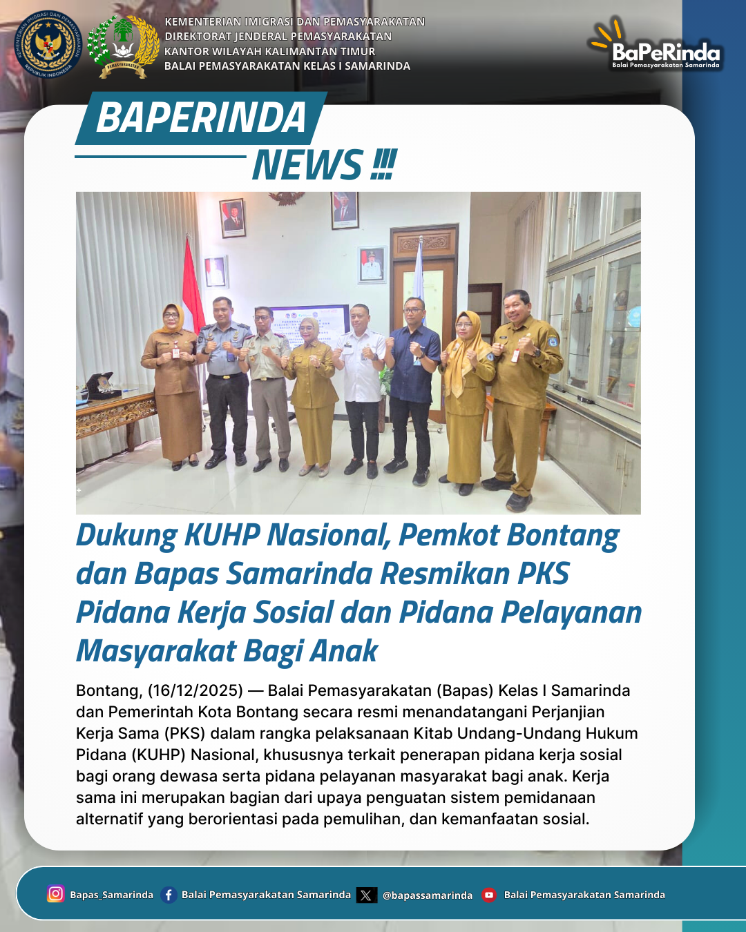 Dukung KUHP Nasional, Pemkot Bontang dan Bapas Samarinda Resmikan PKS Pidana Kerja Sosial dan Pidana Pelayanan Masyarakat Bagi Anak