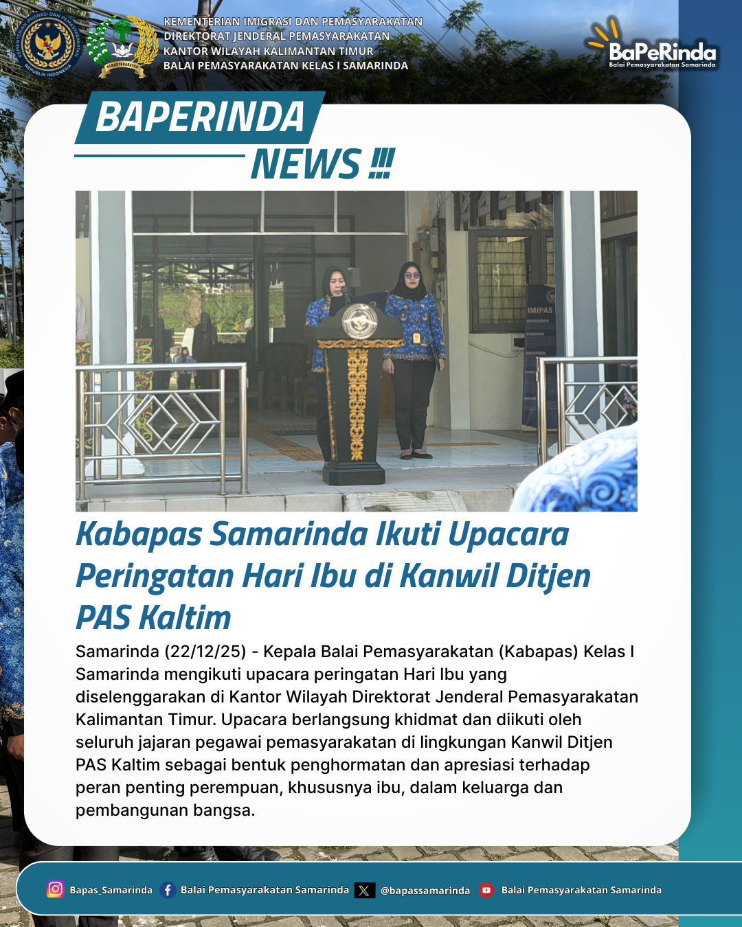 Kabapas Samarinda Ikuti Upacara Peringatan Hari Ibu di Kanwil Ditjen PAS Kaltim