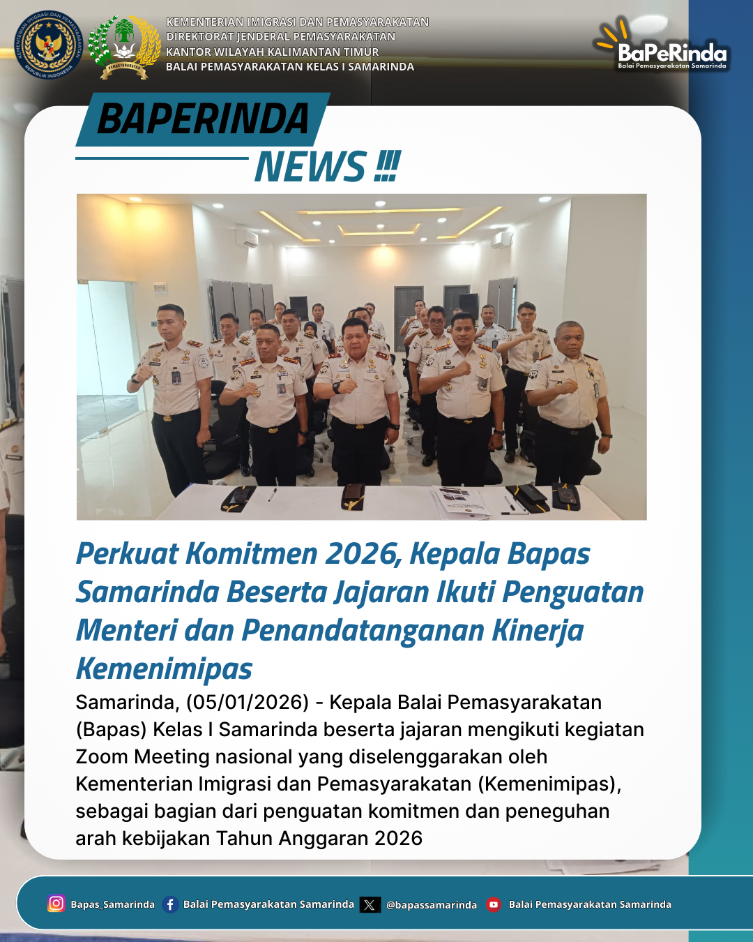 Perkuat Komitmen 2026, Kepala Bapas Samarinda Beserta Jajaran Ikuti Penguatan Menteri dan Penandatanganan Kinerja Kemenimipas