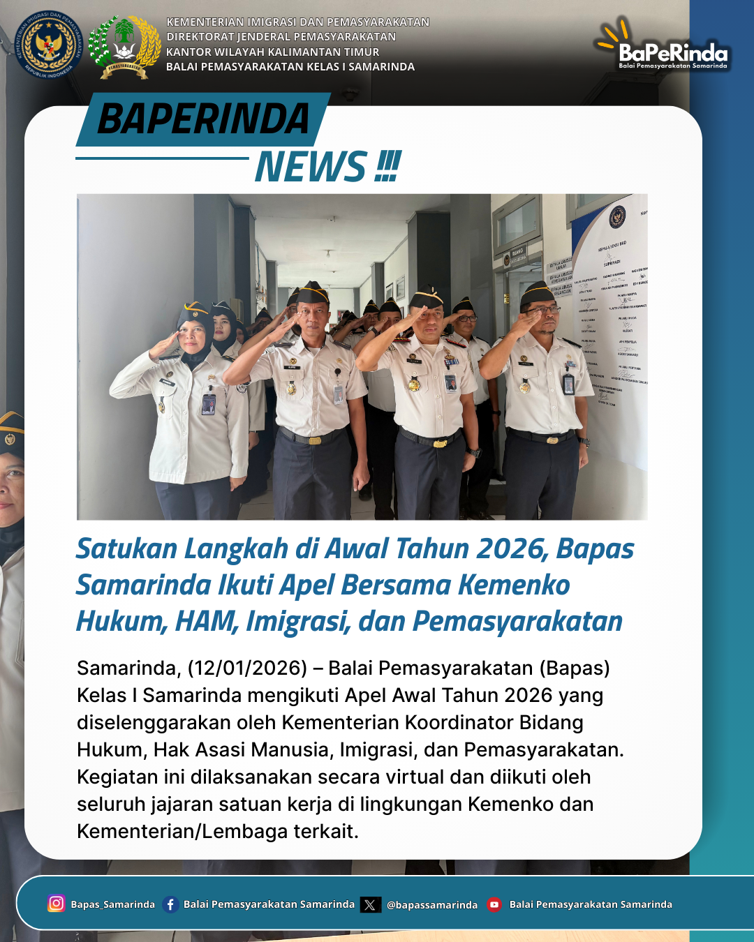 Satukan Langkah di Awal Tahun 2026, Bapas Samarinda Ikuti Apel Bersama Kemenko Hukum, HAM, Imigrasi, dan Pemasyarakatan