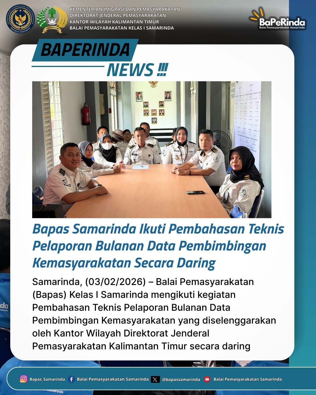 Bapas Samarinda Ikuti Pembahasan Teknis Pelaporan Bulanan Data Pembimbingan Kemasyarakatan Secara Daring