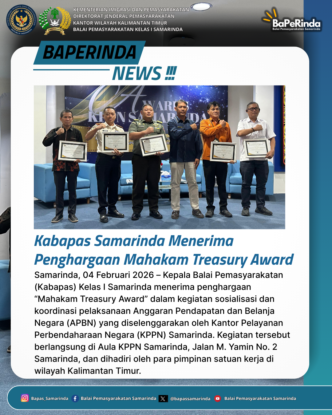 Kabapas Samarinda Menerima Penghargaan Mahakam Treasury Award