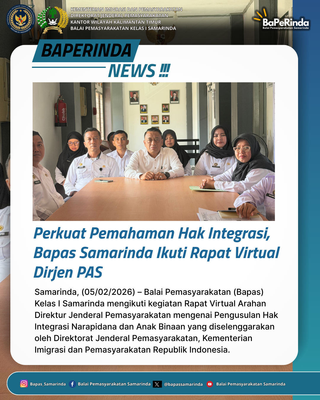 Perkuat Pemahaman Hak Integrasi, Bapas Samarinda Ikuti Rapat Virtual Dirjen PAS