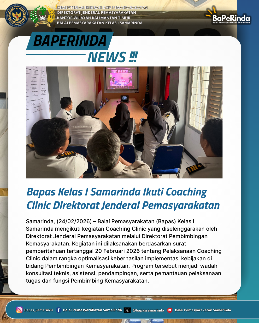 Bapas Kelas I Samarinda Ikuti Coaching Clinic Direktorat Jenderal Pemasyarakatan