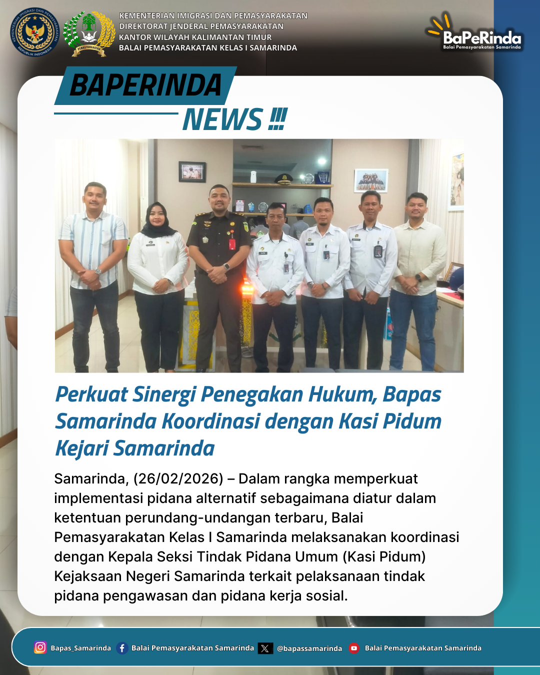 Perkuat Sinergi Penegakan Hukum, Bapas Samarinda Koordinasi dengan Kasi Pidum Kejari Samarinda