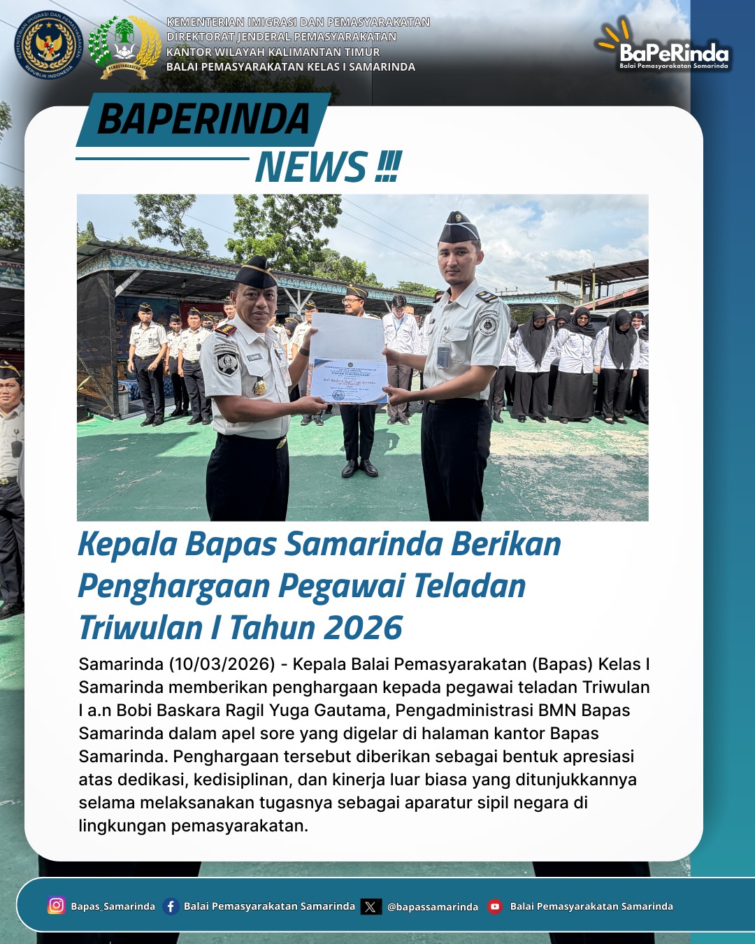 Kepala Bapas Samarinda Berikan Penghargaan Pegawai Teladan Triwulan I 2026