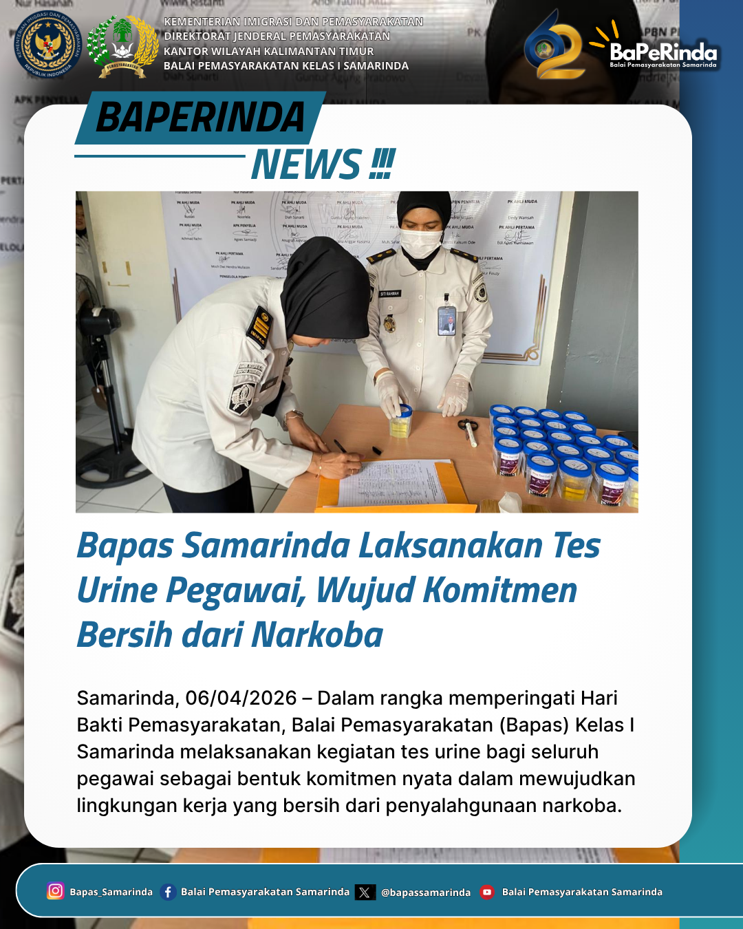 Bapas Samarinda Laksanakan Tes Urine Pegawai, Wujud Komitmen Bersih dari Narkoba
