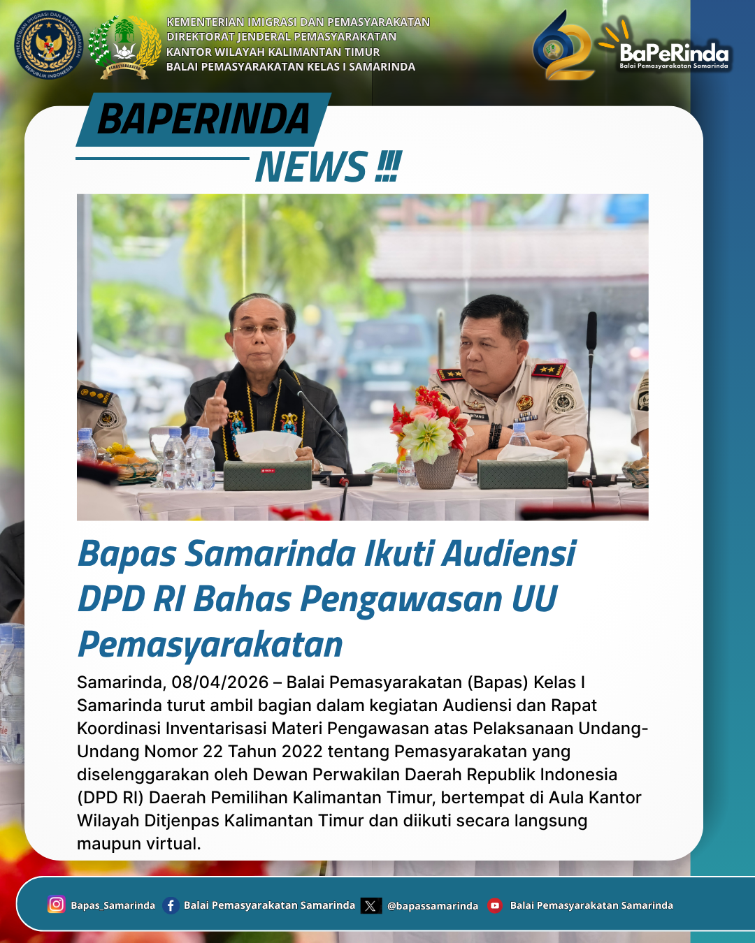 Bapas Samarinda Ikuti Audiensi DPD RI Bahas Pengawasan UU Pemasyarakatan