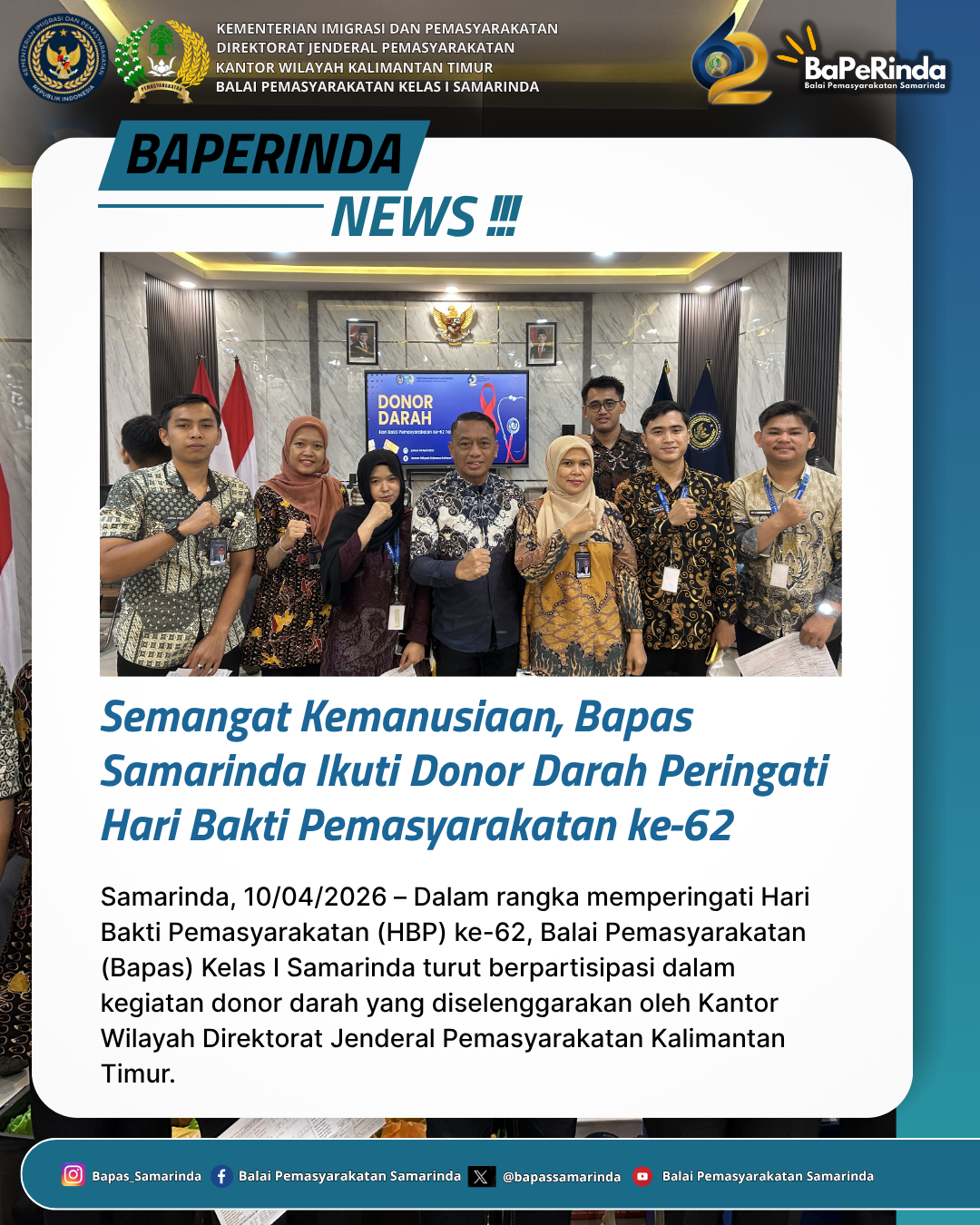 Semangat Kemanusiaan, Bapas Samarinda Ikuti Donor Darah Peringati Hari Bakti Pemasyarakatan ke-62