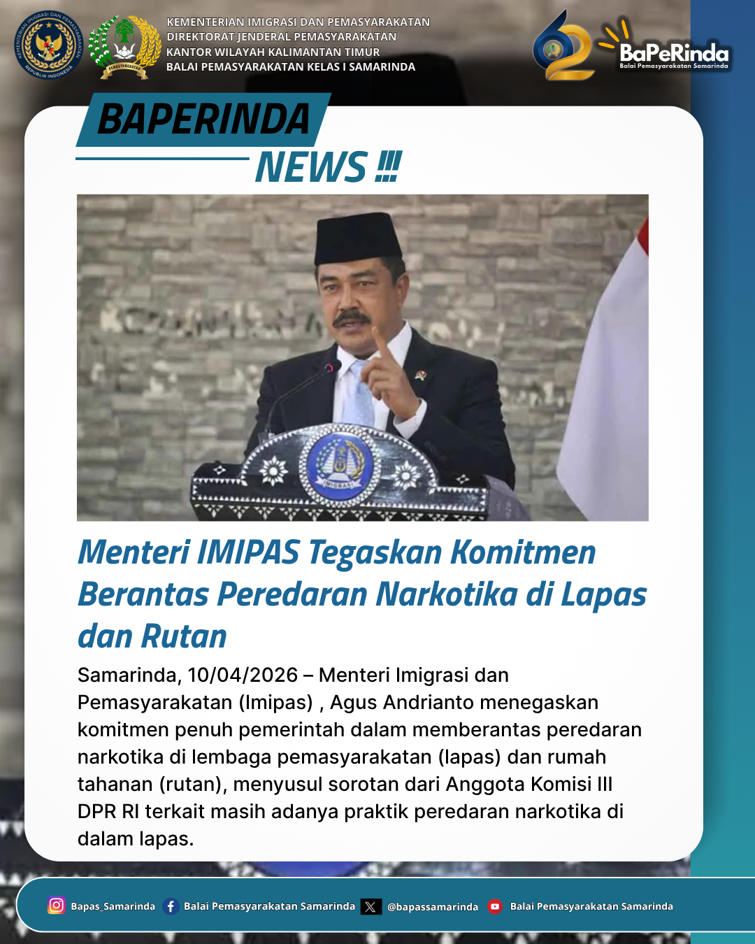 Menteri IMIPAS Tegaskan Komitmen Berantas Peredaran Narkotika di Lapas dan Rutan