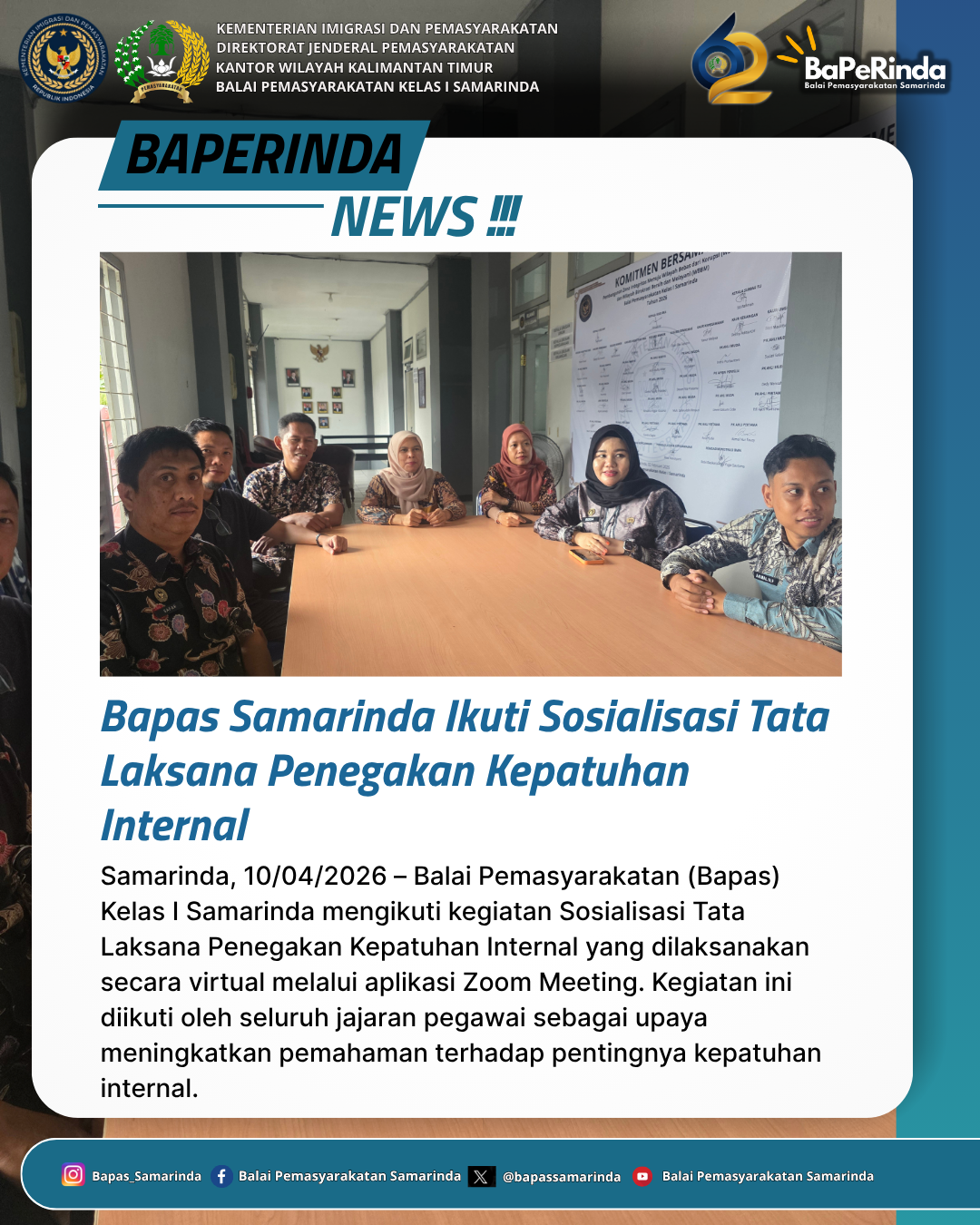 Bapas Samarinda Ikuti Sosialisasi Tata Laksana Penegakan Kepatuhan Internal