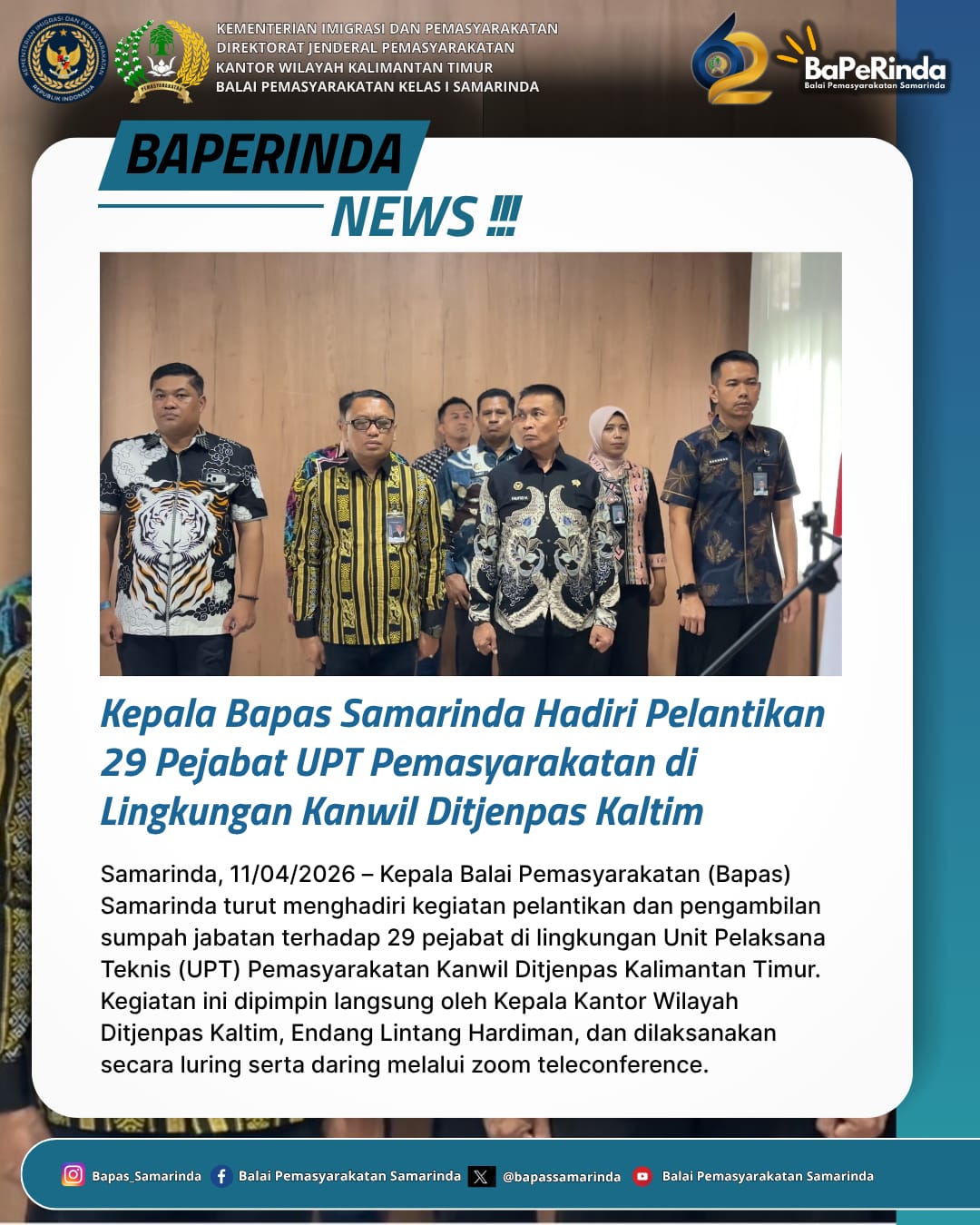 Kepala Bapas Samarinda Hadiri Pelantikan 29 Pejabat UPT Pemasyarakatan di Lingkungan Kanwil Ditjenpas Kaltim