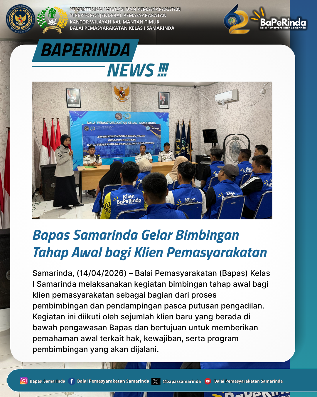 Bapas Samarinda Gelar Bimbingan Tahap Awal bagi Klien Pemasyarakatan
