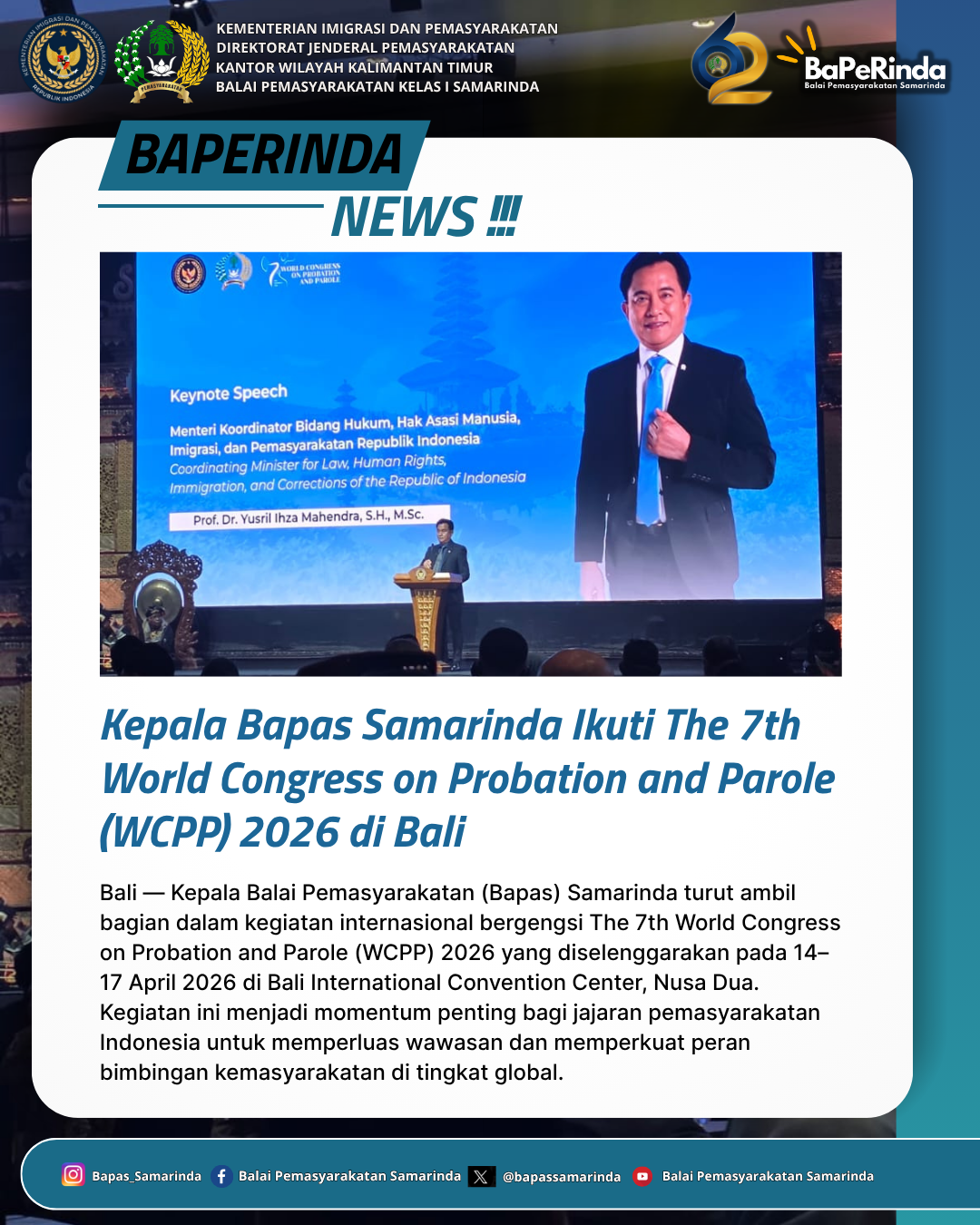 Kepala Bapas Samarinda Ikuti The 7th World Congress on Probation and Parole (WCPP) 2026 di Bali