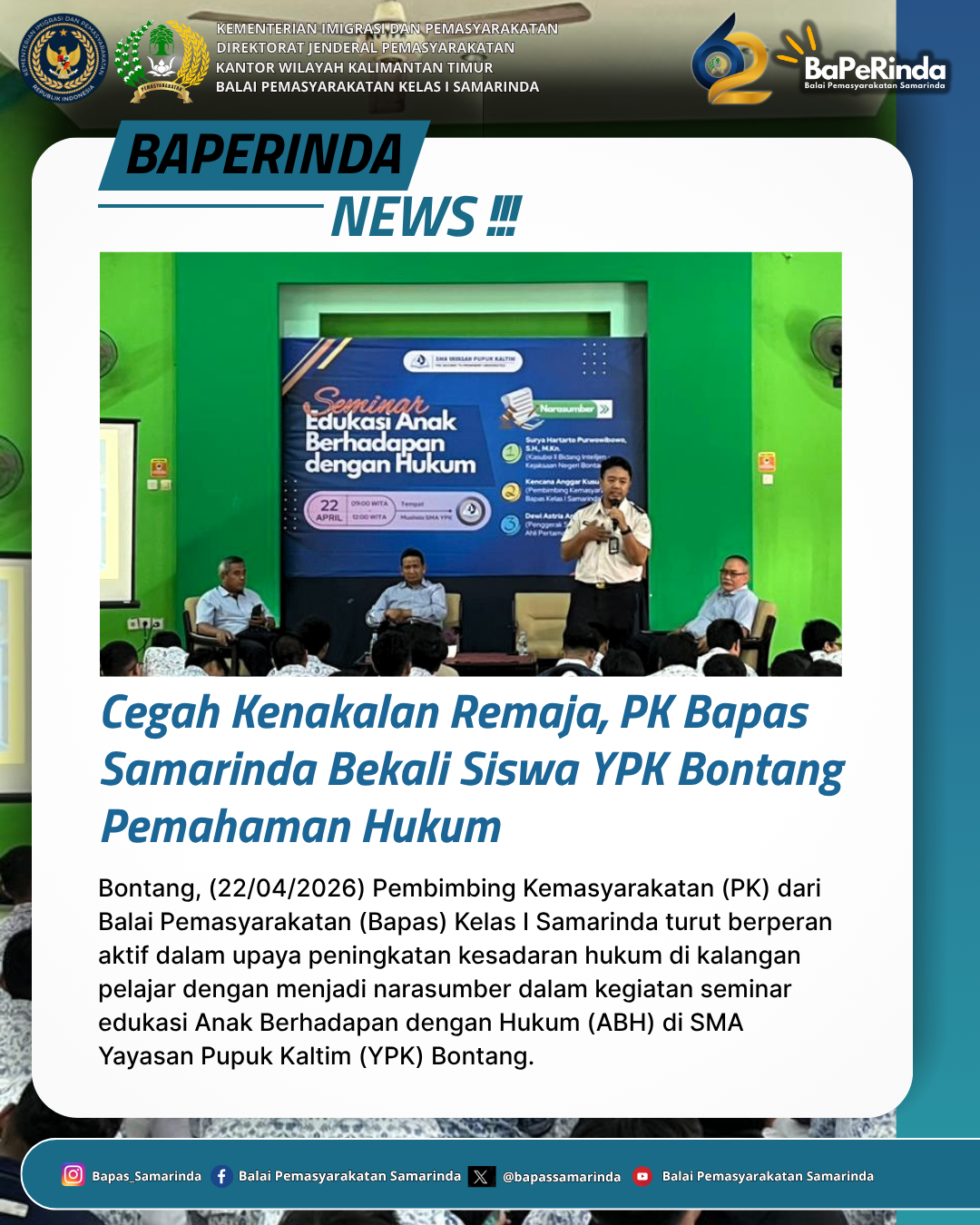 Cegah Kenakalan Remaja, PK Bapas Samarinda Bekali Siswa YPK Bontang Pemahaman Hukum