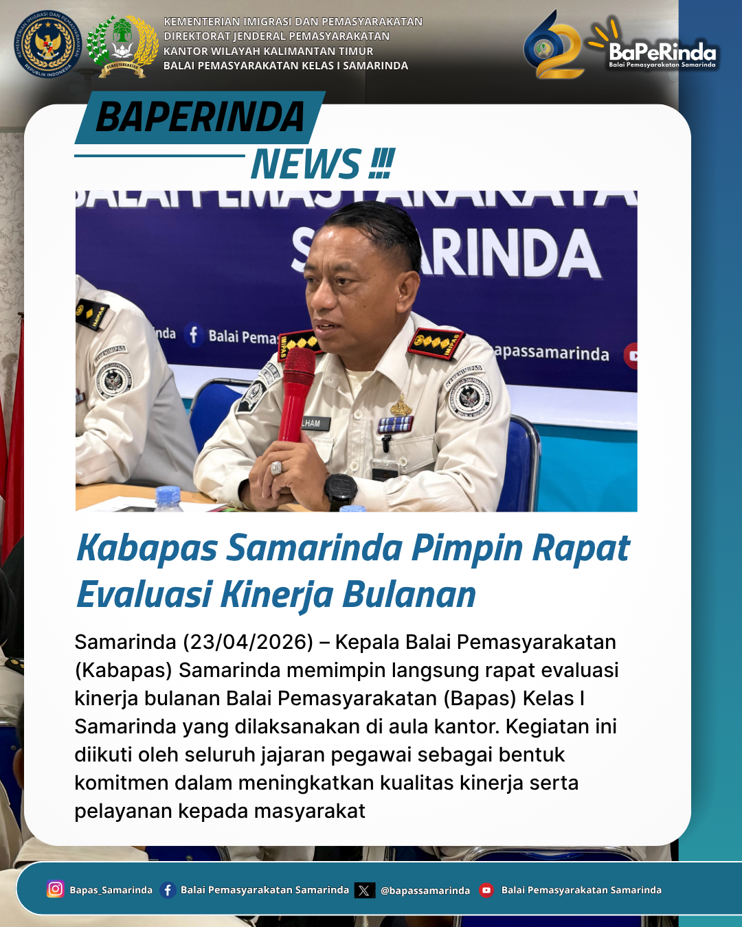 Kabapas Samarinda Pimpin Rapat Evaluasi Kinerja Bulanan 