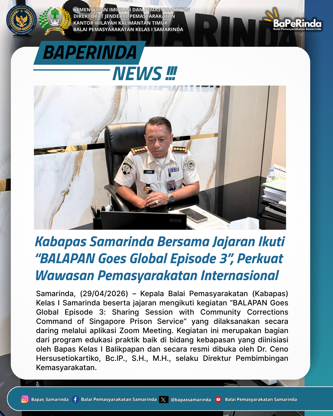 Kabapas Samarinda Bersama Jajaran Ikuti “BALAPAN Goes Global Episode 3”, Perkuat Wawasan Pemasyarakatan Internasional