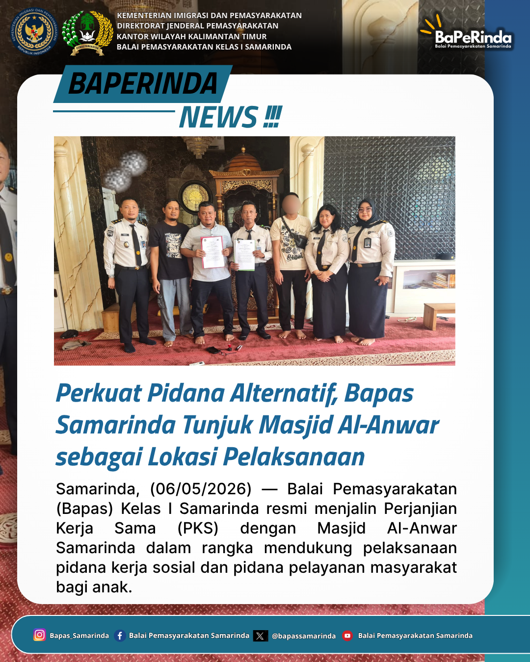Perkuat Pidana Alternatif, Bapas Samarinda Tunjuk Masjid Al-Anwar sebagai Lokasi Pelaksanaan