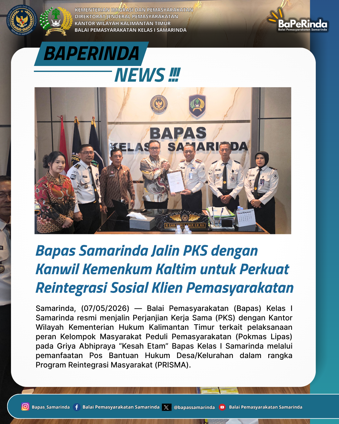 Bapas Samarinda Jalin PKS dengan Kanwil Kemenkum Kaltim untuk Perkuat Reintegrasi Sosial Klien Pemasyarakatan