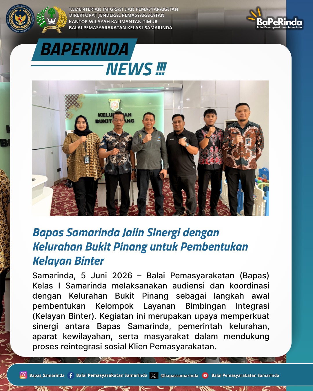 Bapas Samarinda Jalin Sinergi dengan Kelurahan Bukit Pinang untuk Pembentukan Kelayan Binter