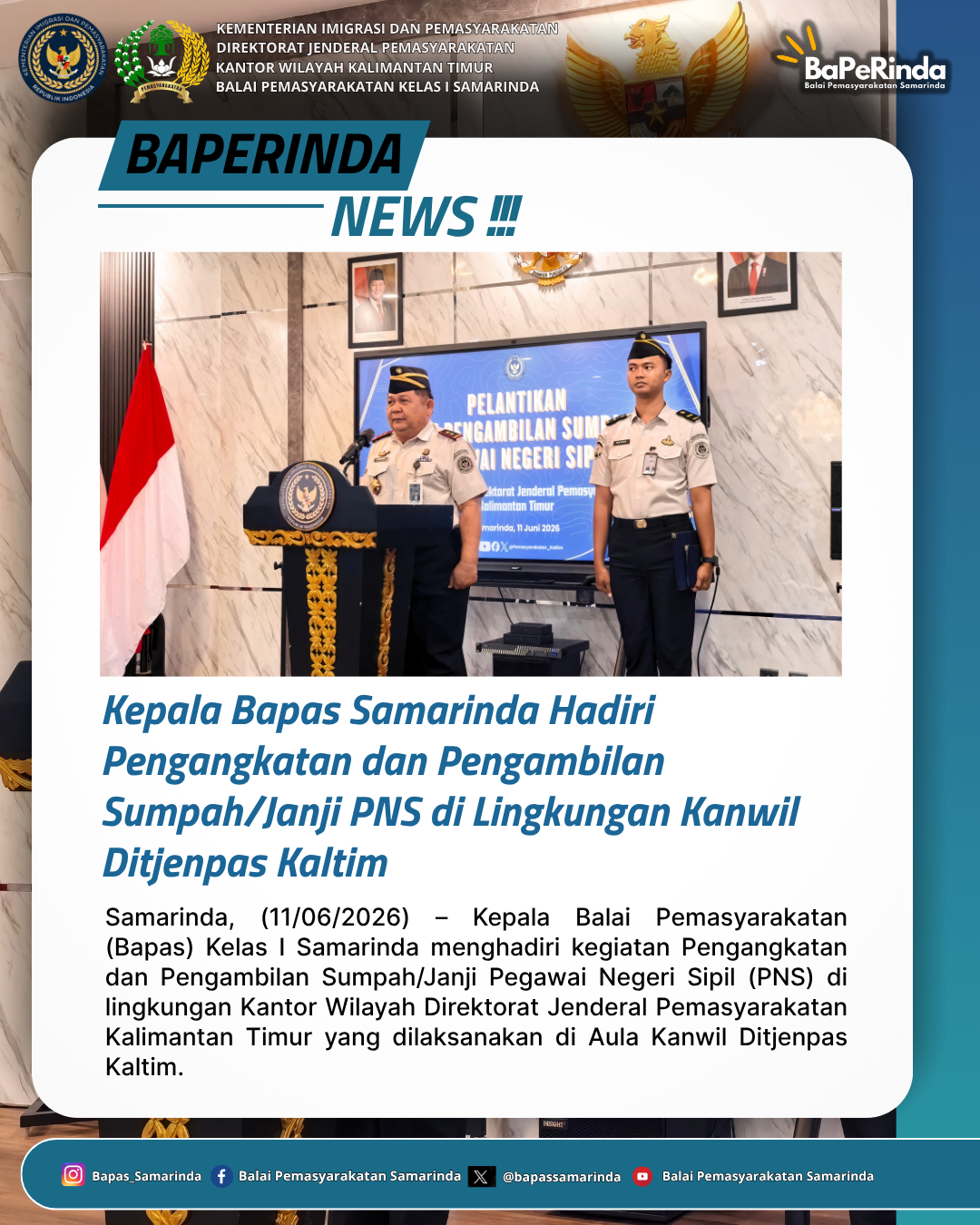Kepala Bapas Samarinda Hadiri Pengangkatan dan Pengambilan Sumpah/Janji PNS di Lingkungan Kanwil Ditjenpas Kaltim