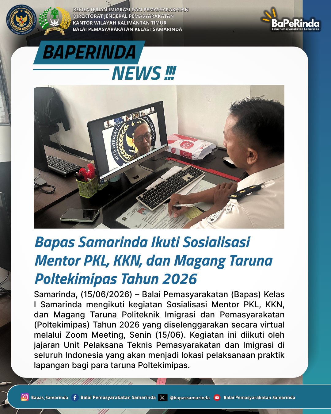 Bapas Samarinda Ikuti Sosialisasi Mentor PKL, KKN, dan Magang Taruna Poltekimipas Tahun 2026