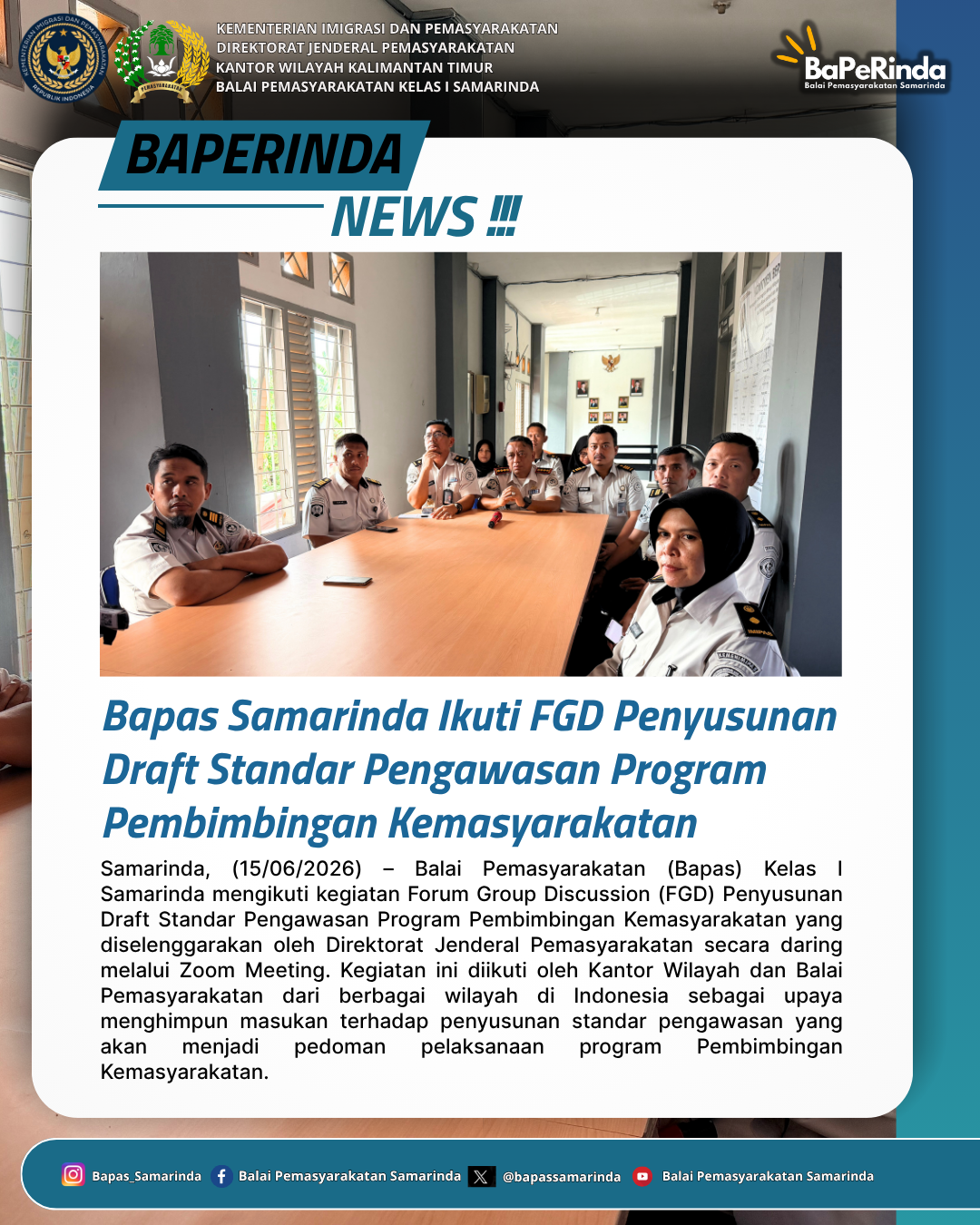 Bapas Samarinda Ikuti FGD Penyusunan Draft Standar Pengawasan Program Pembimbingan Kemasyarakatan