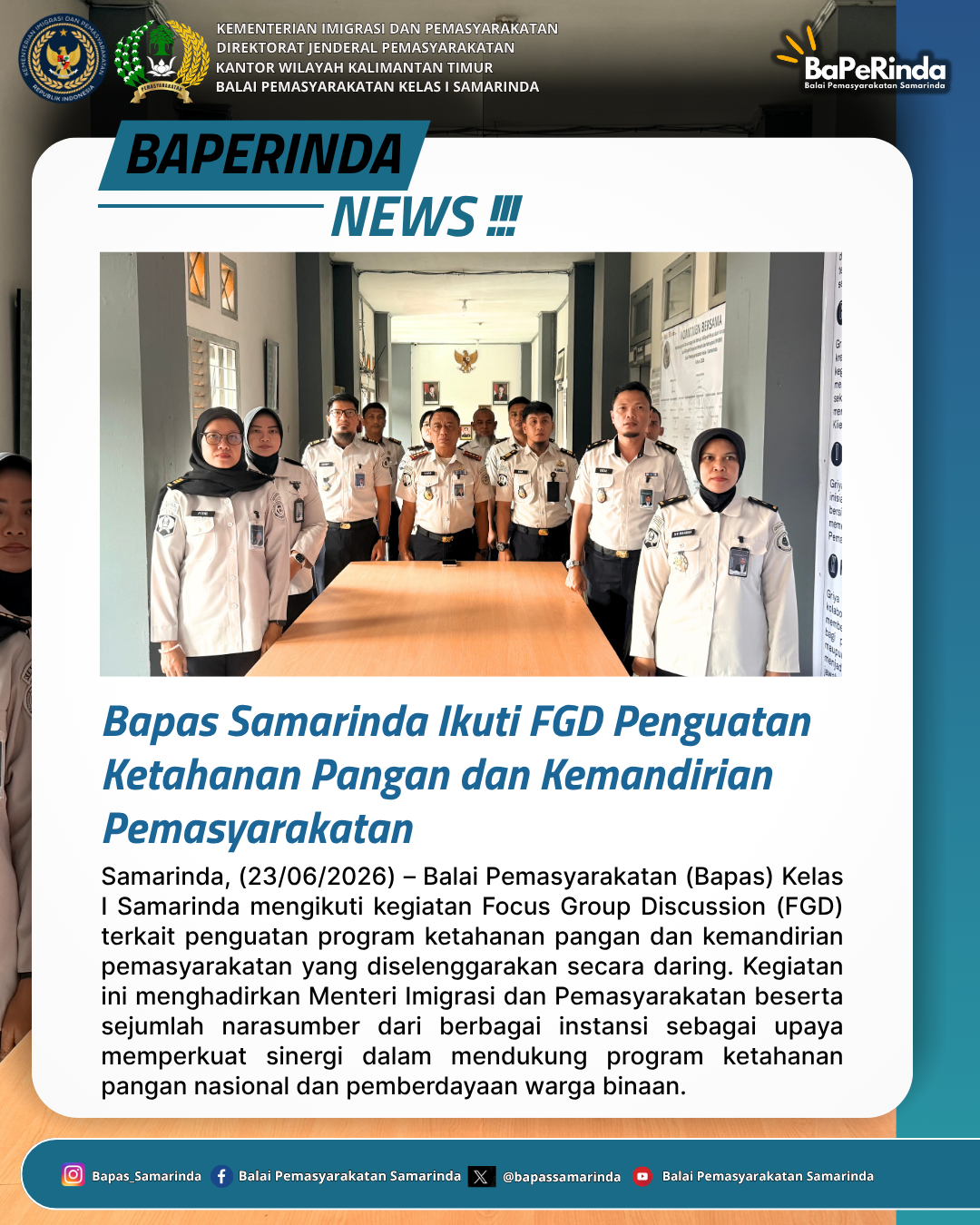 Bapas Samarinda Ikuti FGD Penguatan Ketahanan Pangan dan Kemandirian Pemasyarakatan