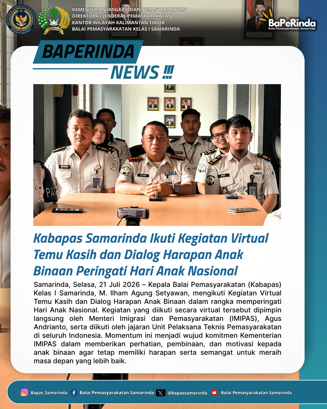 Kabapas Samarinda Ikuti Kegiatan Virtual Temu Kasih dan Dialog Harapan Anak Binaan Peringati Hari Anak Nasional