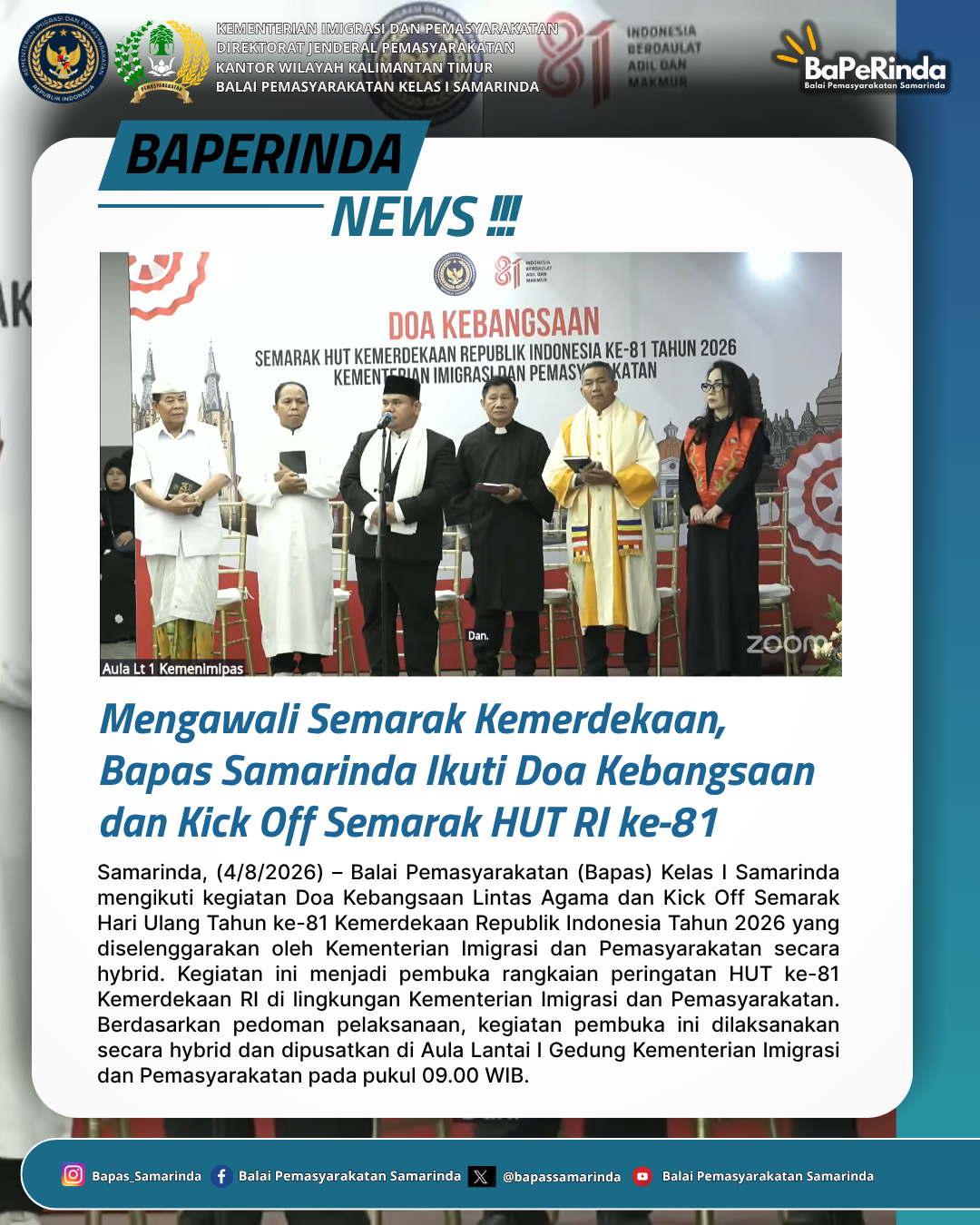 Mengawali Semarak Kemerdekaan, Bapas Samarinda Ikuti Doa Kebangsaan dan Kick Off Semarak HUT RI ke-81