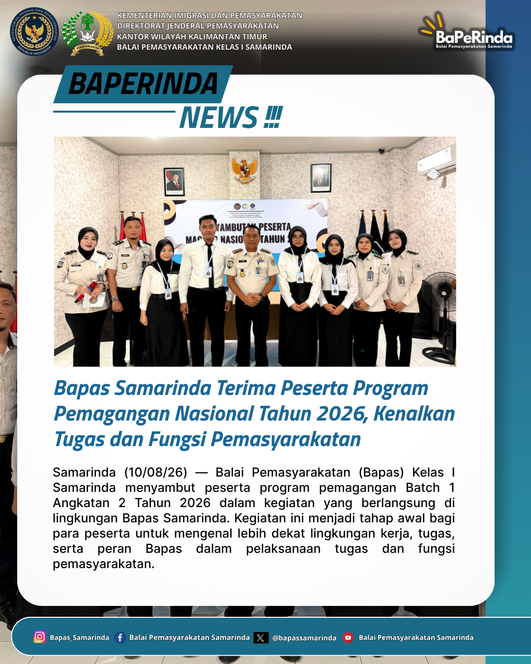 Bapas Samarinda Sambut Peserta Program Pemagangan Nasional Tahun 2026, Kenalkan Tugas dan Fungsi Pemasyarakatan